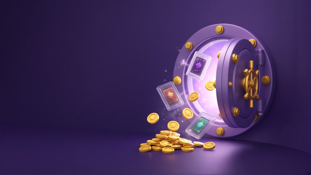 A glowing vault door with coins and cards floating out